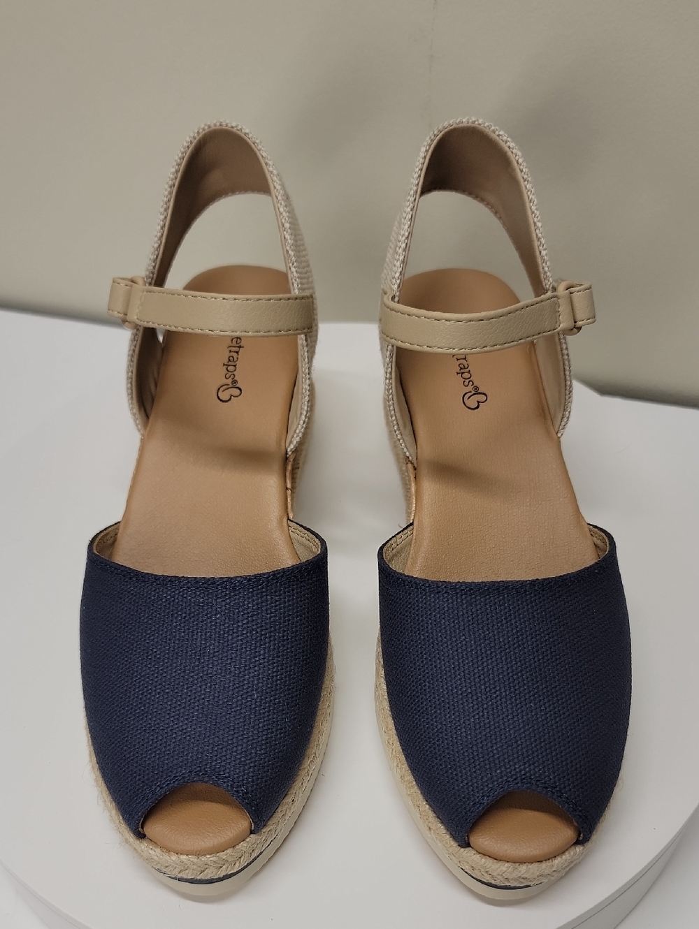 BARETRAPS-NEW IN BOX- Navy Canvas and Beige Cork Wedge Sandals - Picture 4 of 13
